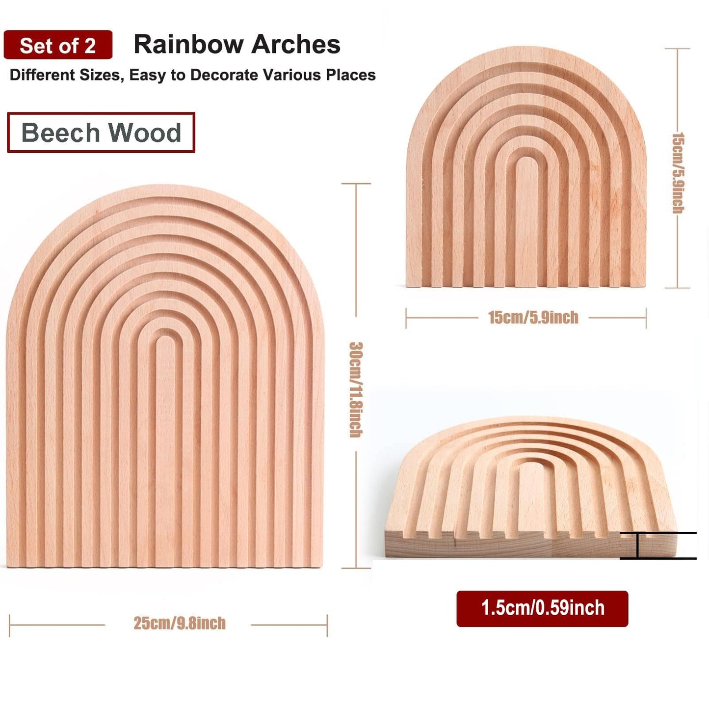 Homtik Wood Rainbow Arch - Modern Boho Room Decor for Wall Shelf, Fireplace Mantel, Counter, Table - Aesthetic Home Decoration for Living Room, Kitchen, Bedroom, Office, Nursery, Set of 2
