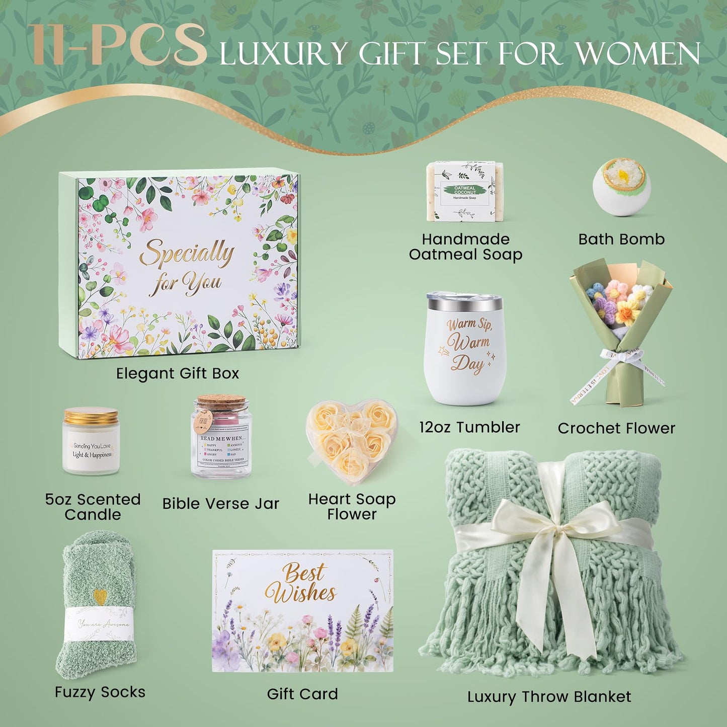 Birthday Gifts for Women, 11 Pcs Sage Green Self Care Package Get Well Soon Gift Baskets, Inspirational Thinking of You Thank You Gift with Bath Spa Gift Set - Unique Gifts for Women