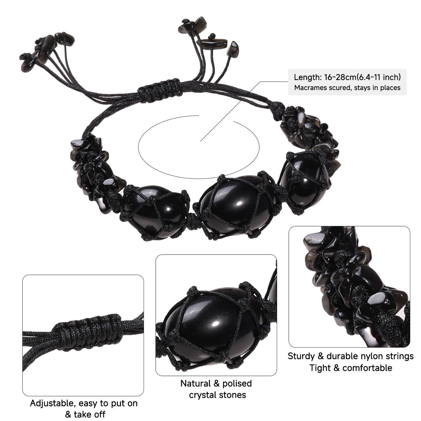 TUMBEELLUWA Boho Handmade Braided Crystal Holder Bracelet Chakra Healing Crystal Chips Bracelet Adjustable Trendy Jewelry Gifts for Women Men, Black Obsidian