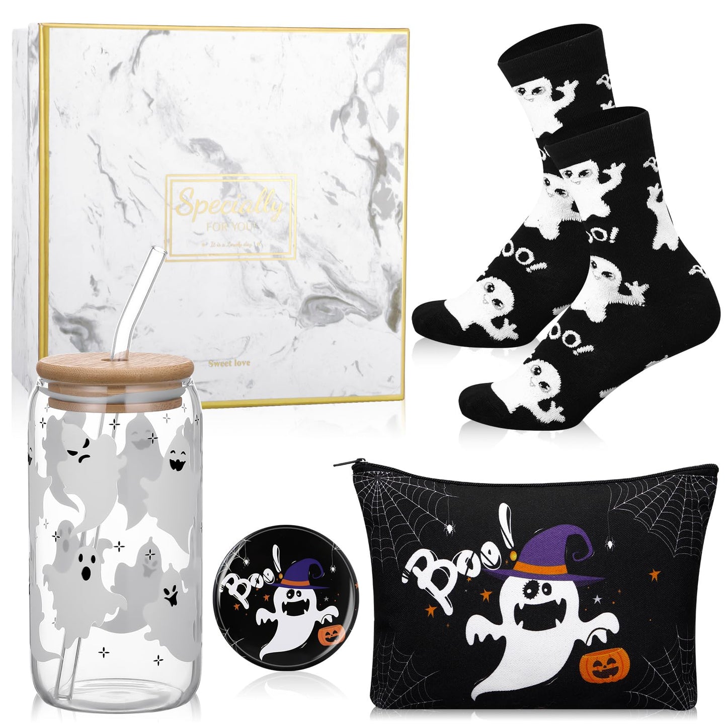 Kacctyen 5 Pcs Boo Basket Gift for Women Spooky Ghost Gift 16 oz Ghost Glass Cups with Lid Straw Spooky Cosmetic Makeup Bag Pocket Mirror Sock Boo Basket Stuffers for Her Sister Friend