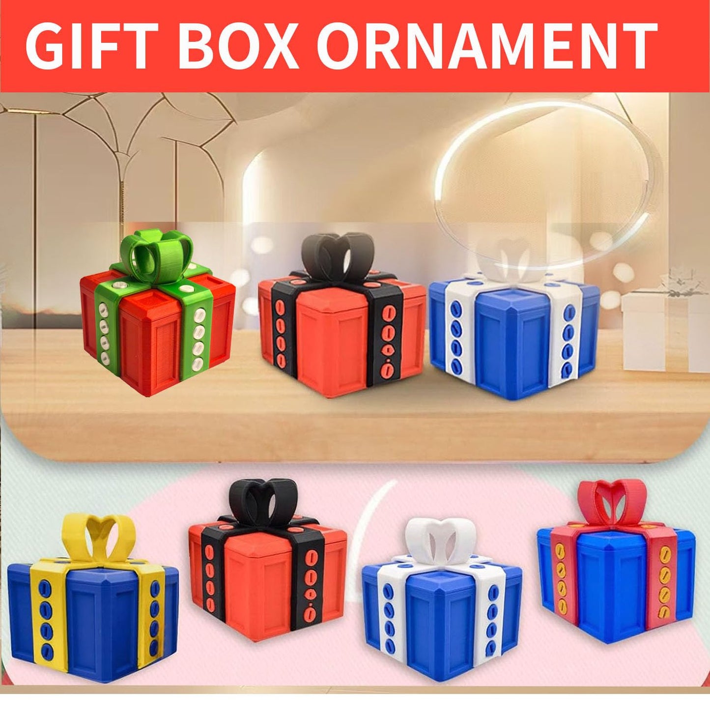 Annoying 3D Printed Gift Box with Screws - Funny Christmas Decoration, Magic Gift Box for Friends (Red and Green, Black Button)