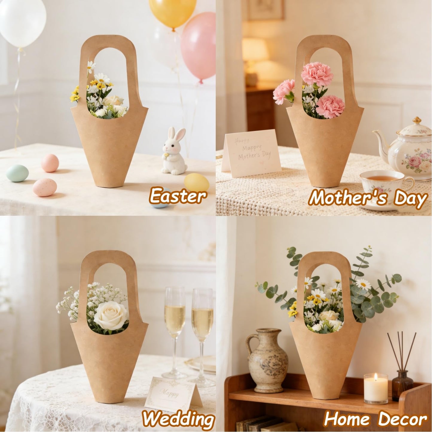 LONG XIN SERIES 20Pcs Kraft Paper Flower Gift Bags with Handles Flower Bouquet Holders for Mother's Day Easter Wedding Favors Birthday Presents Home Decor
