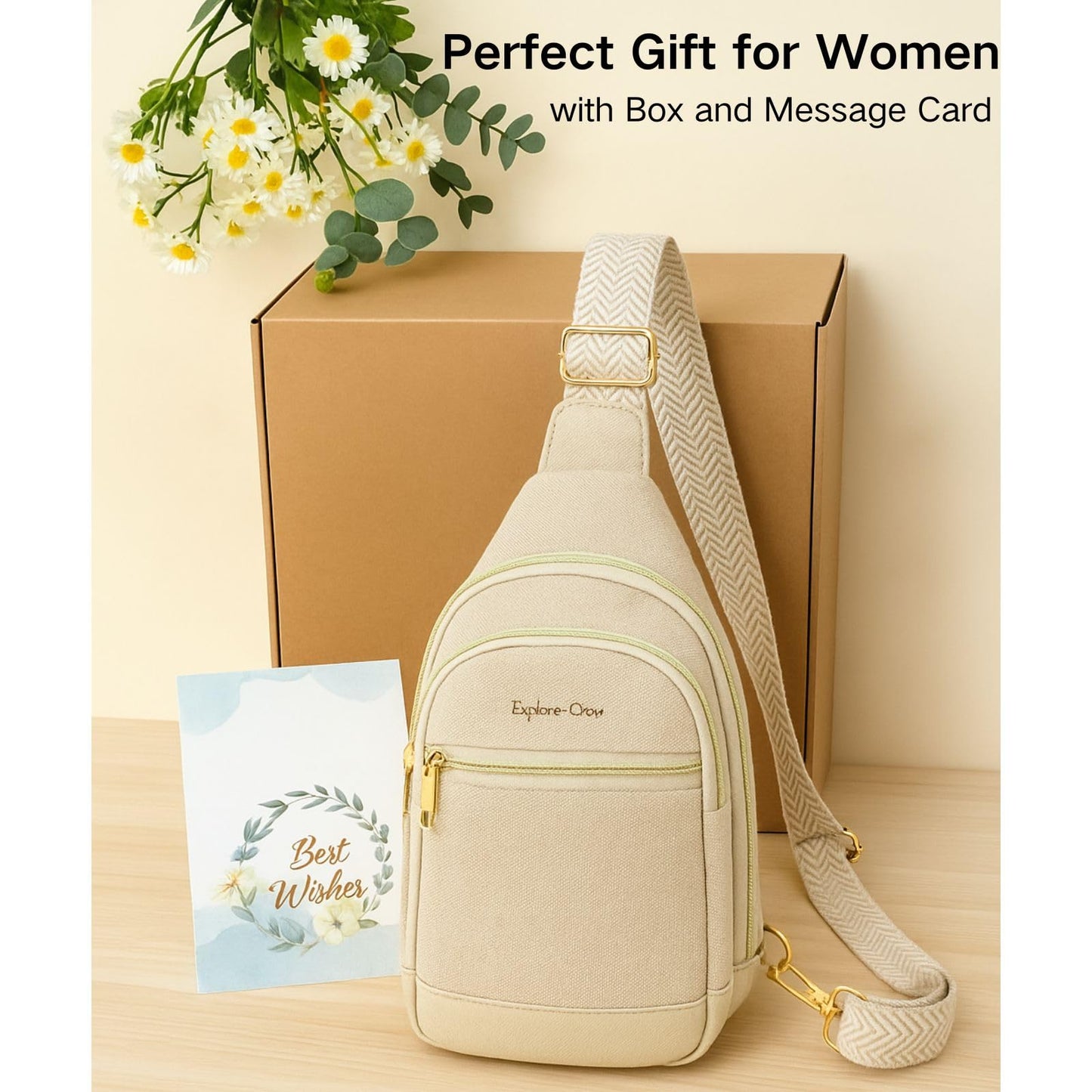 Packism Travel Sling Bag for Women Valentine's Day Gift with Box and Message Card - Anti-Theft Canvas Crossbody Bag with 7 Pockets, Leather Bottom, Fits iPad Mini, 6.3x3.4x11 Inches, Beige