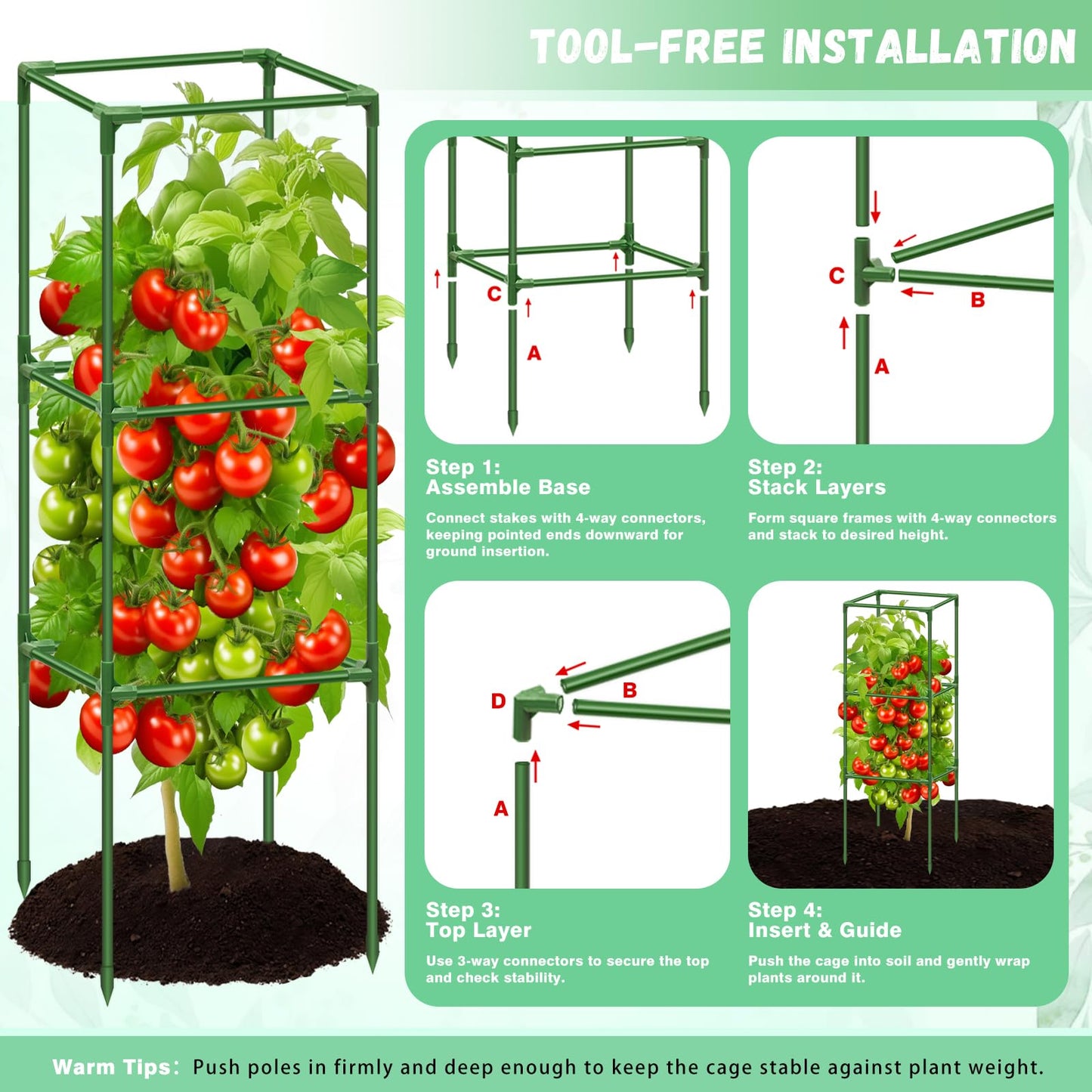 Riare 6 Pack Square Tomato Cages for Garden Plant Support- Up to 45 Inch Tomato Cage Garden Stakes Tomato Trellis for Potted Plants Raised Garden Bed Climbing Vegetables Flowers Outdoor Indoor