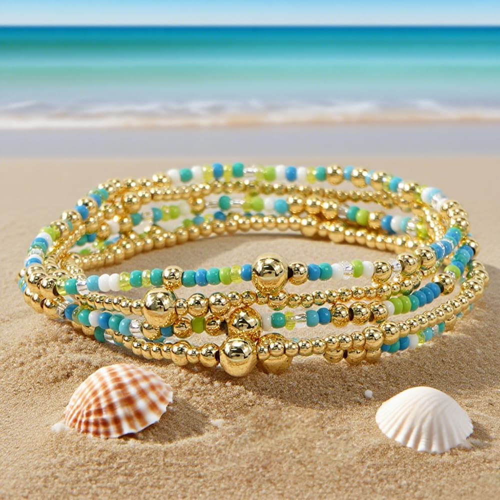 SHINUS BOHO Gold Beaded Bracelet Stack for Women,Bohemian Stretch Blue Seed Beads Stackable Bracelets Set Fashion Holiday Birthday Summer Accessories Jewelry Gift Friendship
