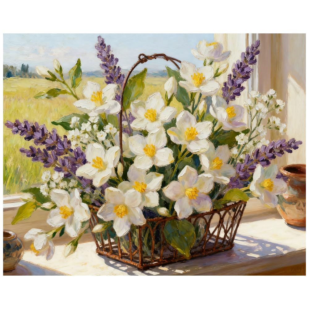 EnLvYY Lavender and Jasmine Basket Paint by Numbers for Adults 16x20 Inch, DIY Unframed Kit, Arrangement with Jasmine, Lavender, and Wildflowers, Gift for Flower Lovers