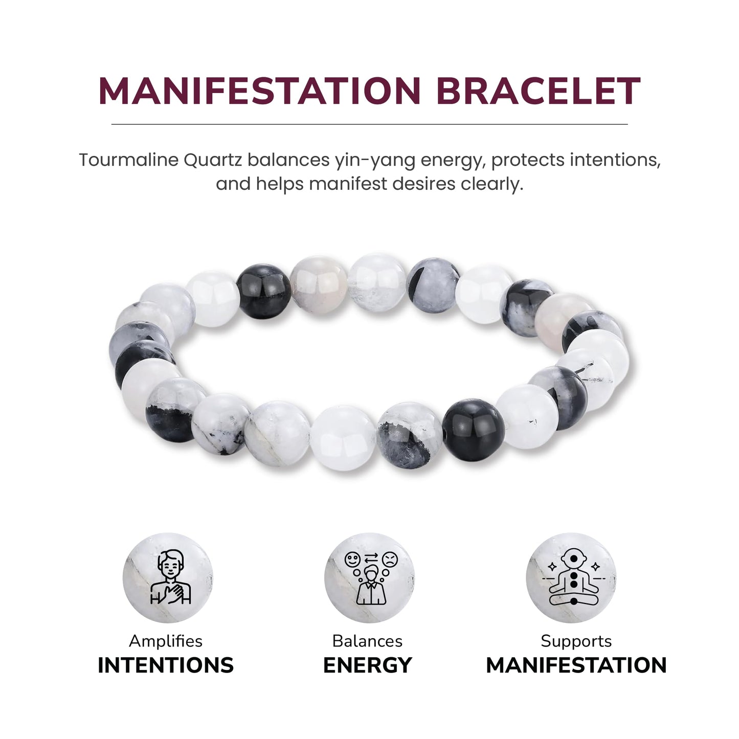 Crystal Vibe Manifestation Bracelet - Handmade Natural Black Rutile Tourmaline Quartz Stone 8mm Beaded Bracelet - Yoga Bracelet Gift for Him Her - Elastic Adjustable Size