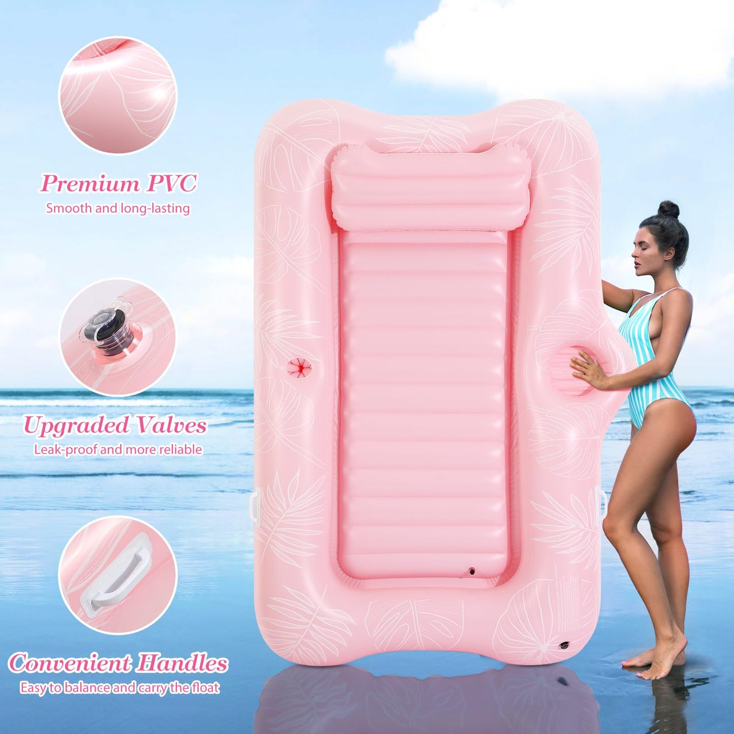 MoKo Pool Floats Adult, 82" x 50" Large Floating Bed with Ice Bar, Tanning Bed Pool Raft Inflatable Lounger with Drink Holder Tanning Chair Inflatable Pool Toys for Party Beach Backyard, Pink Leaf
