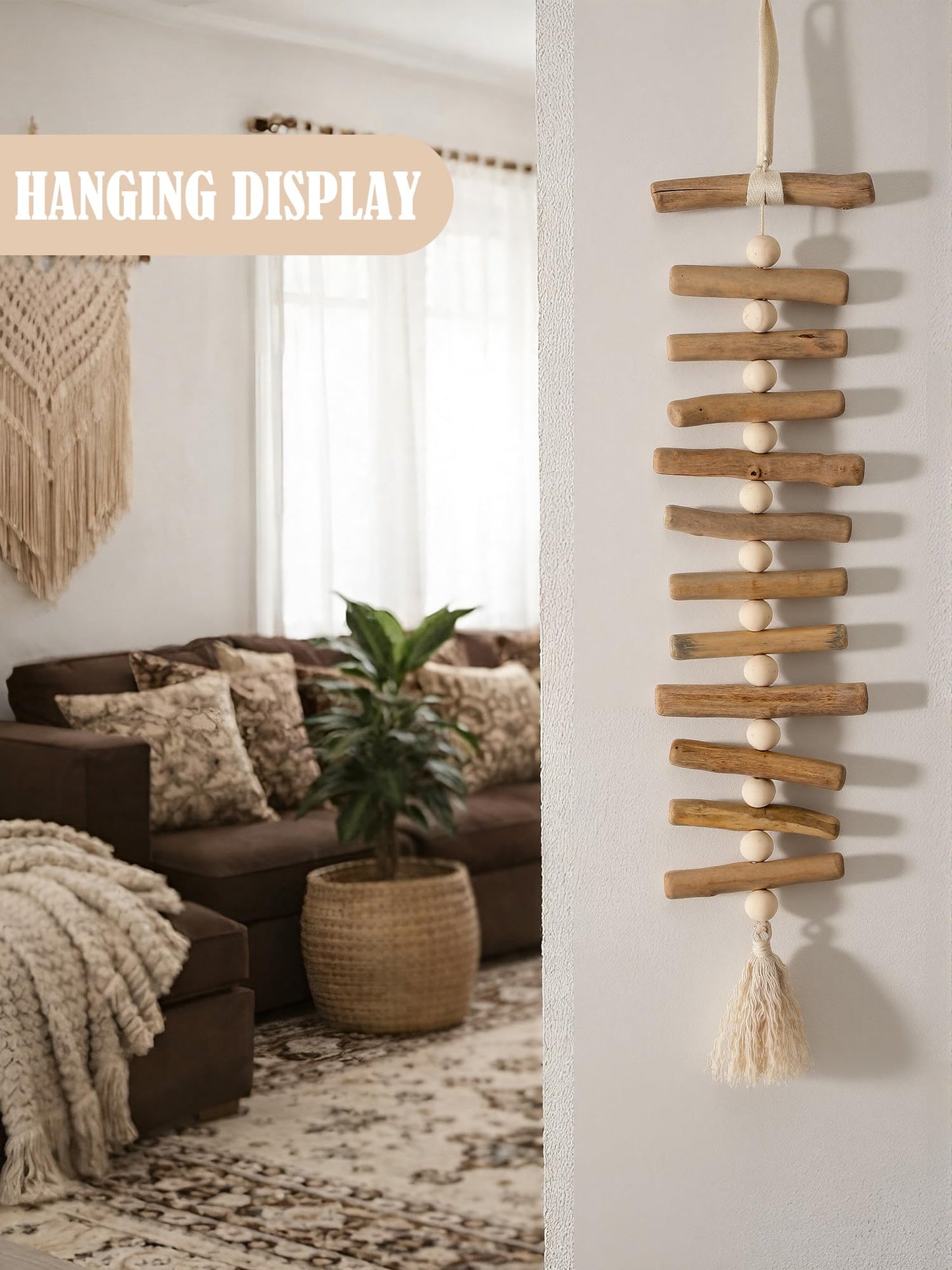 Yerliker Wooden Driftwood Wall Decor Decorative Wooden Beads Wall Hanging Bohemian Ethnic Style Tassel Wood Decor Home Living Room Bedroom Beach House and Gift