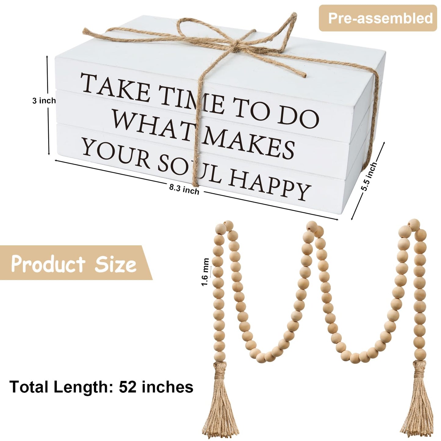 Decorative Books for Home Decor, White Faux Books for Decoration, Rustic Farmhouse Stacked Display Books with 52in Wood Bead Garland for Coffee Tables Living Room (TAKE TIME to DO)
