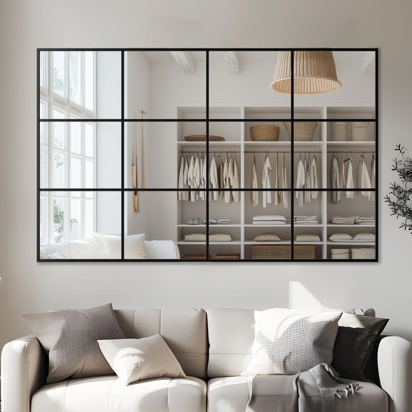 Antok Wall Mirror, 48" x 30" Window Pane Decorative Mirror, Metal Framed Wall Mounted Mirror, Hanging or Leaning for Living Room, Bedroom, Dining Room, Entryway, Black