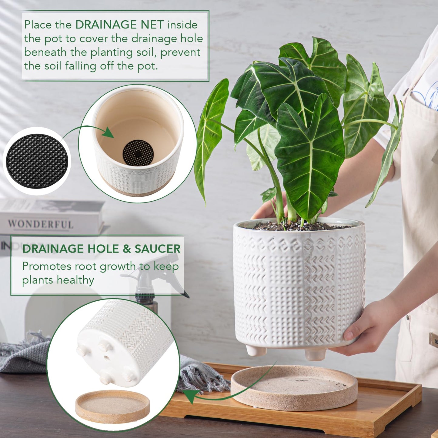 POITONRU Indoor-Outdoor Ceramic Plant Pots: 8 Inch Flower Pots with Drainage Hole & Saucer - Decorative Ceramic Pots for Plants Herbs Succulents - Home Garden Patio Lawn Use