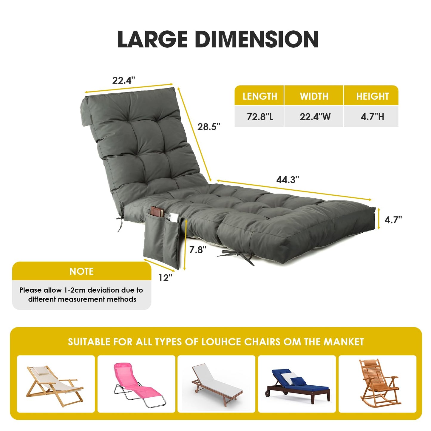 Yddsky Outdoor Chaise Lounge Chair Cushion,72"x22"x4" Lounge Chair Cushions Thickened with Pocket,Waterproof Replacement Patio Pool Lounge Chair Cushion for Outdoor Furniture with Ties,Dark Grey