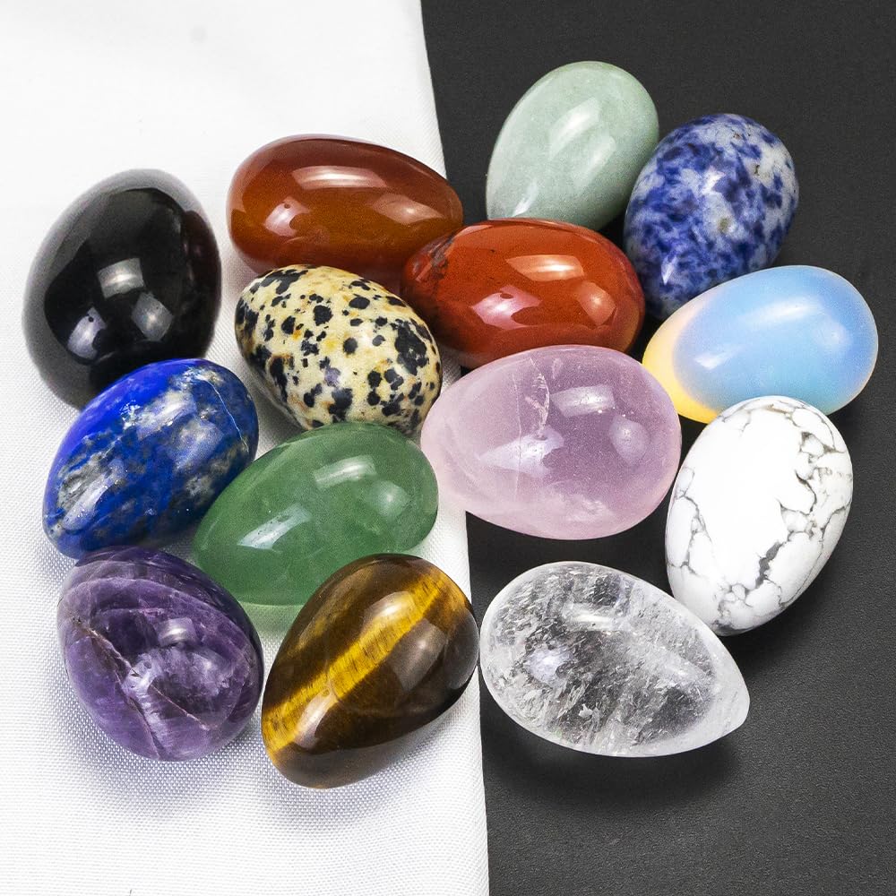 14 Pieces 1.18inchs Crystal Stones Eggs Statue Ornament Rock Crystals Polished Mineral Rock Egg Carving Crafts Stones Crystal Gifts for Meditation Reiki Healing Balancing Home Decor (Egg 14pcs Set)