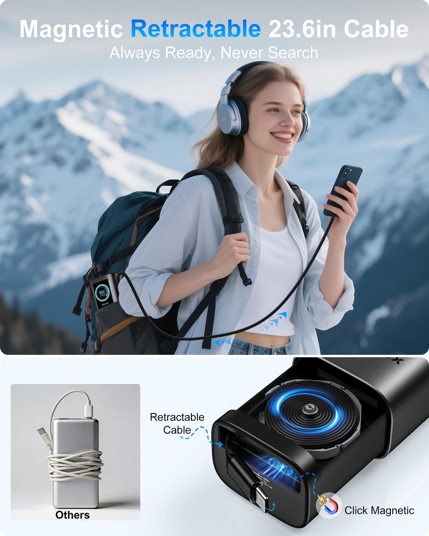 AsperX Laptop Power Bank, 165W 20,000mAh, Retractable Cables, Aluminum Alloy Unibody Portable Charger Power Bank, Battery Bank for MacBook Pro/Air/iPhone 17/iPad Pro/S25 Ultra/Dell/HP(TSA-Approved)