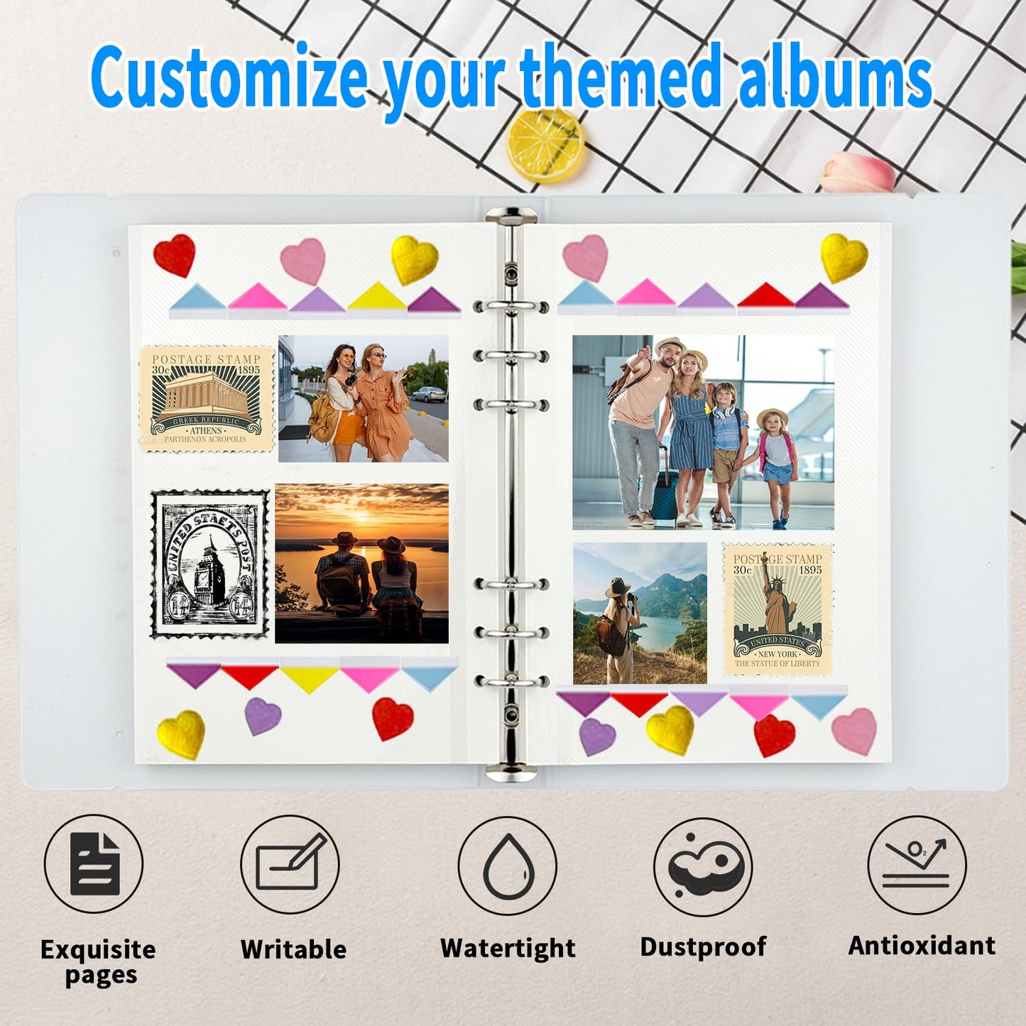 7x9 Inch 6-Ring Self Adhesive Photo Album with 30 Sheets/60 Pages, DIY Scrapbook Album with Decorative Stickers & Scraper Tool for Photos, Posters, Stamps