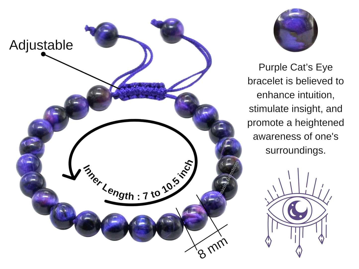 Amazing Gemstone Purple Tiger Eye Bracelet, Gifts For Men & Women - Protection Healing Crystal Bracelet - 8mm Gemstone Beaded Adjustable Bracelet, Pulseras Para Hombres Mujer Stocking Stuffers