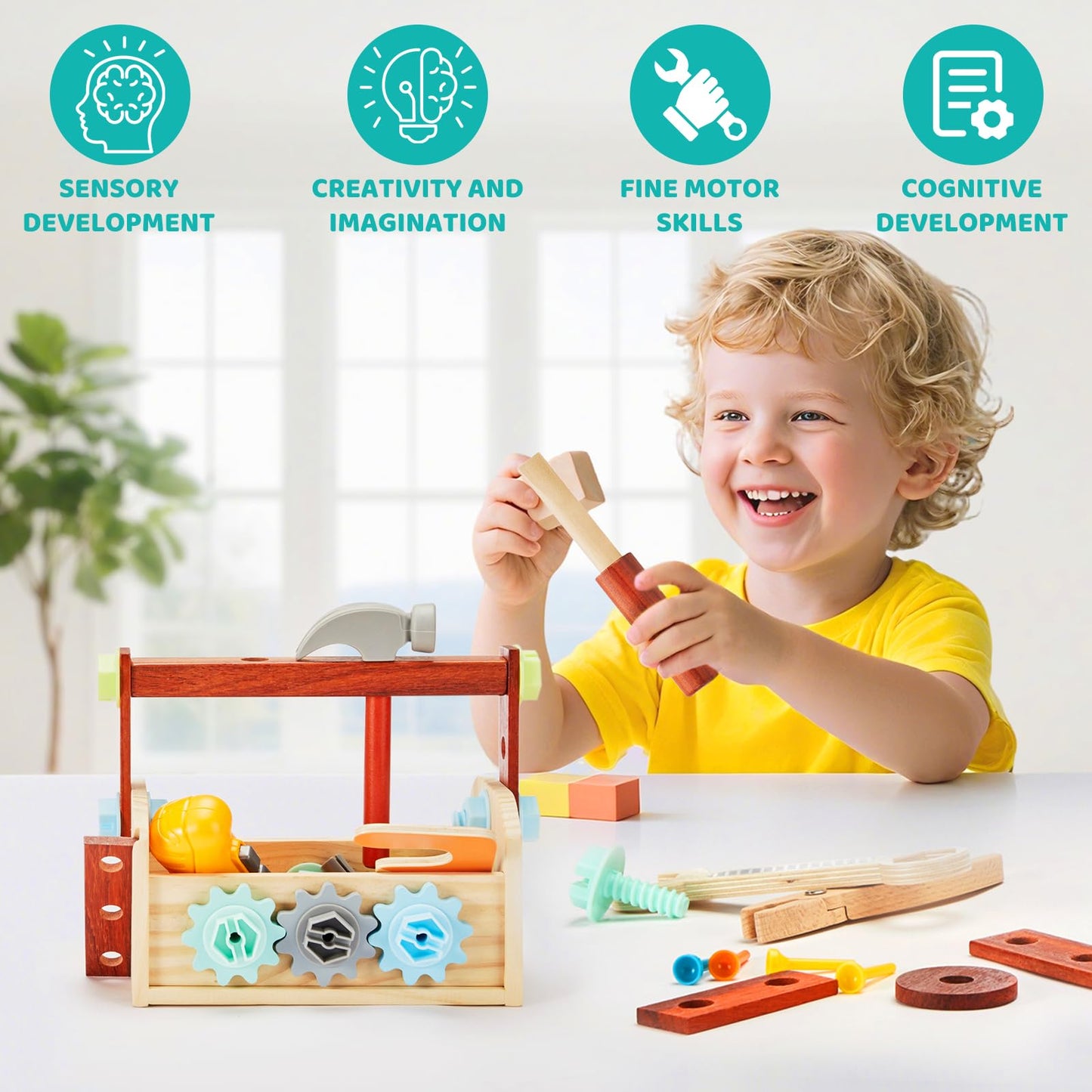 Kids Tool Set - 54 PCS Wooden Toddler Tool with Wooden Box, Educational Pretend Play Construction Toy for 2 3 4 5 6 Year Old Boys Girls, Toddle Electronic Toy Drill Children Montessori STEM