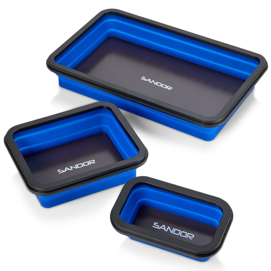 Collapsible Magnetic Parts Tray Set - 3 Different Size Tool Trays for Screw, Bolts, Nuts, Washers, Pins and Other Small Metal Parts, Mechanic Tool Gifts for Men - Blue