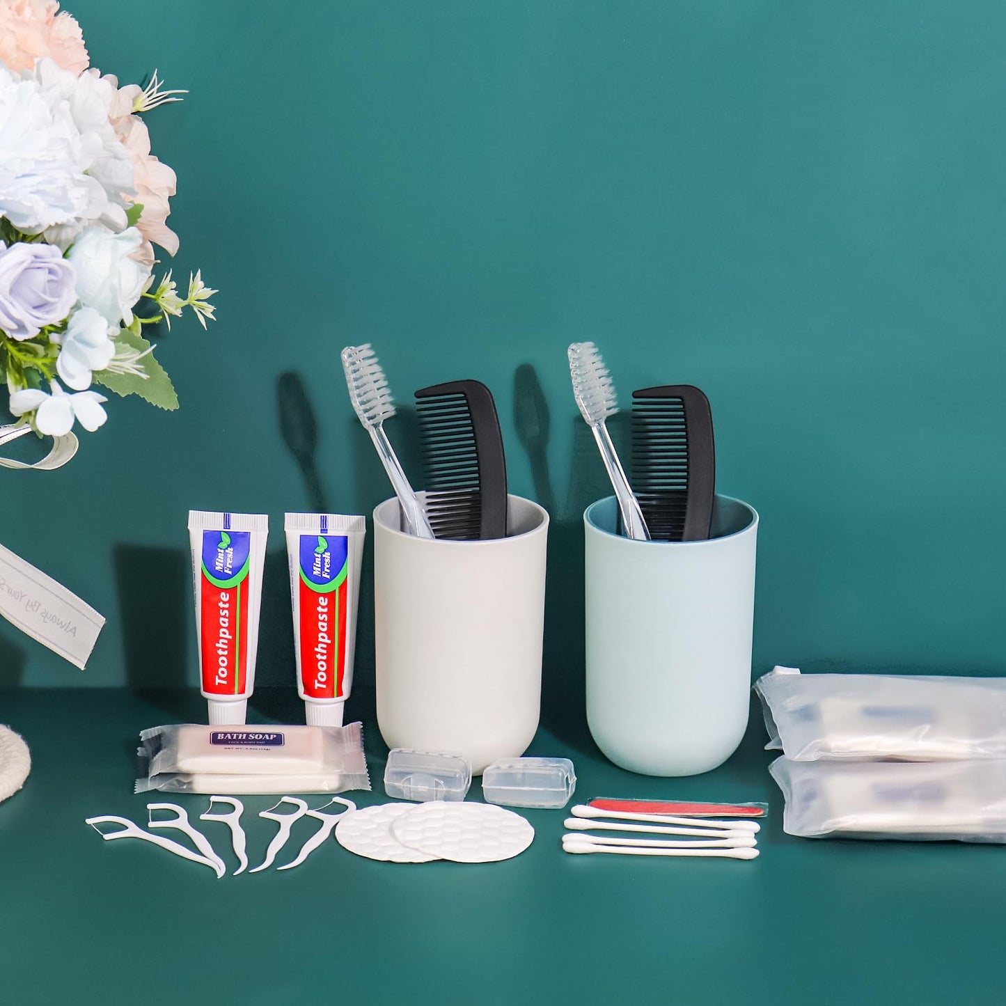 HQSLsund 10 Sets Personal Hygiene Kit Bulk, Disposable Toothbrushes with Toothpaste Floss Comb Soap Cover and Vanity Kit, Toiletry Kits Homeless Supplies Bulk for Women,Men,Travel,Homeless