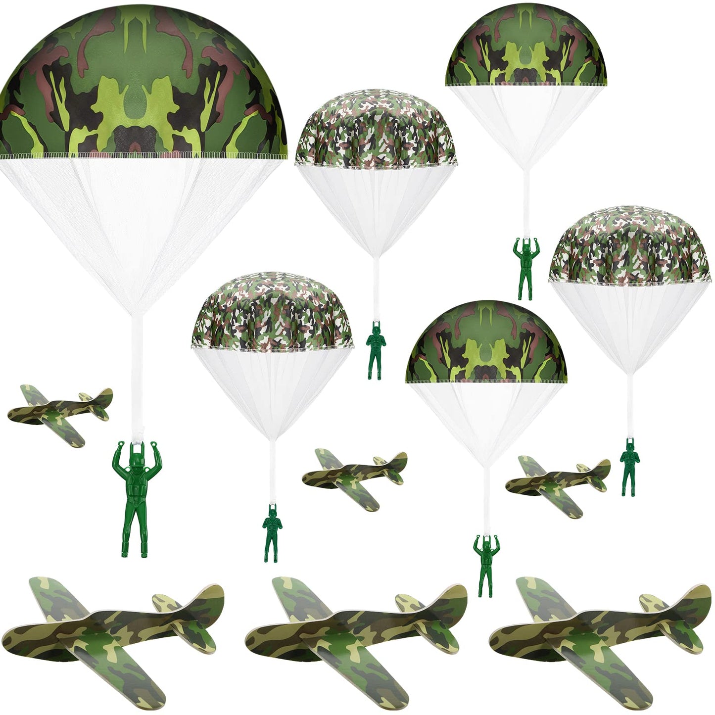 Jerify 12 Pcs Parachute Toys and Camouflage Foam Airplanes Set, Parachute Army Men Toys for Kids Army Hand Throwing and Foam Glider for Boys Gifts Outdoor Party Favors (Camouflage)