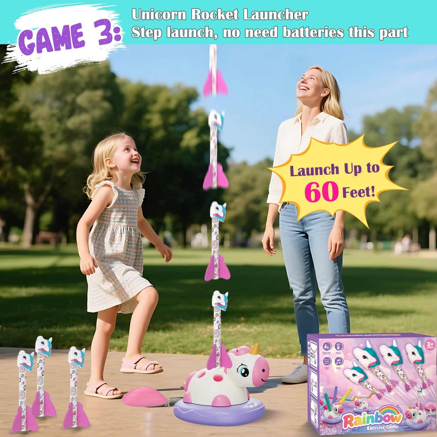 Unicorn Toys for Girls - 3 in 1 Outdoor Toys for Kids Ages 4-8: Stomp Rocket Launcher, Musical Jumping & Ring Toss Games with Remote Control - Outside Toys for 3 4 5 6 7 8 Year Old Girls Birthday Gift