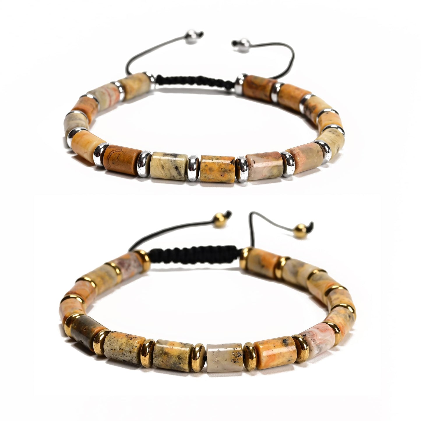 Land Long 2Pcs 6x8mm Tube Natural Yellow Crazy Agate Adjustable Bracelet - Healing Stone Unisex Chakra Energy Holiday Spiritual Gift for Yoga Meditation
