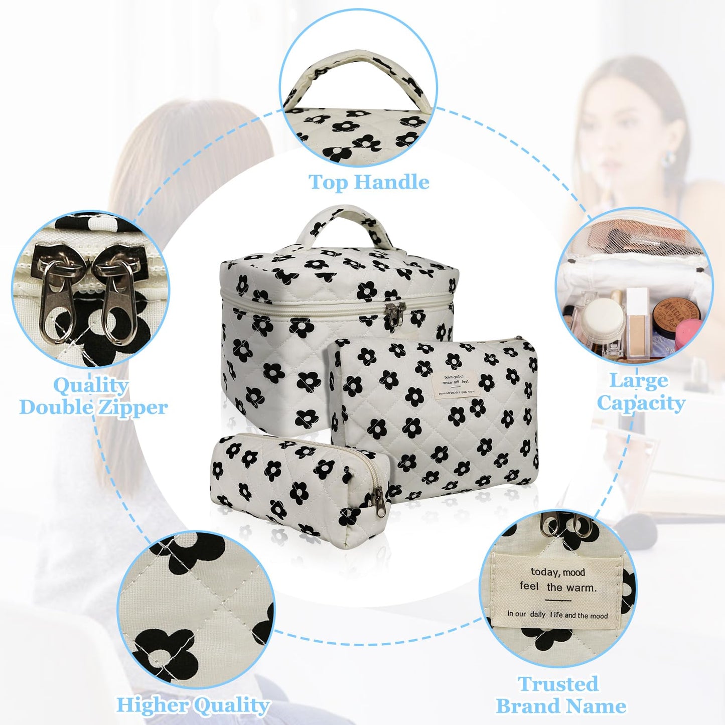 Gosect 3pc Makeup Bag Set, Quilted Makeup Bag Set, Large Floral Cosmetic Bag for Women, Cute Cotton Makeup Bags, Flower Travel Toiletry Organizer Bag (Black Flowers)