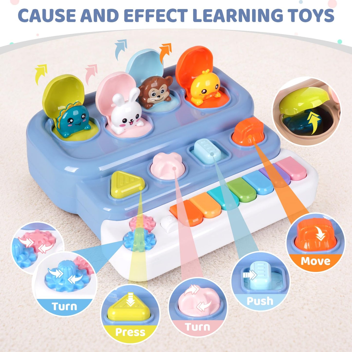 LESSETI Interactive Pop Up Music Piano Toy with Music & Lights, Montessori Animal Cause and Effect Toys, STEM Learning Educational Baby Toy for Toddlers 1-3 Years Old, Gift for Infants 6-12 Months