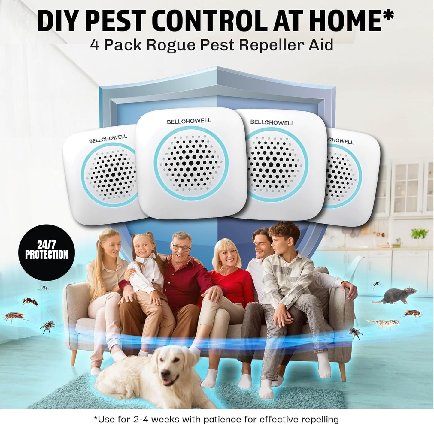 Bell+Howell 4 Pk Ultrasonic Pest Repeller Indoor, Mice Repellent Indoor Home Kit, DIY Pest Control at Home, Plug in Spider Repellent, Rodent Repellent, Bug, Insect & More, Family and Pet Safe
