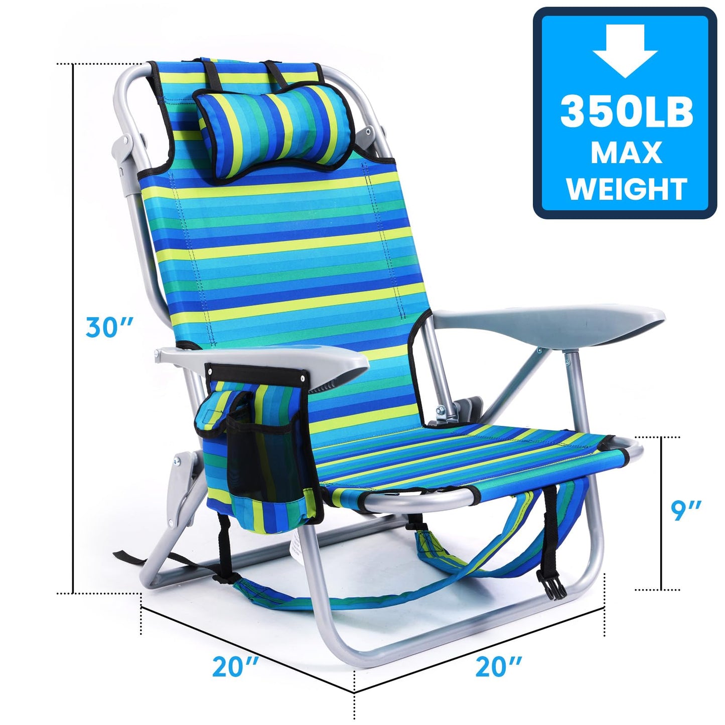 Canpsky Portable Beach Chair for Adults, Outdoor Camping Chair Lay Flat Folding Backpack Beach Reclining Chair with 5 Positions, Headrest, Cup Holder, Heavy Ocean Striped