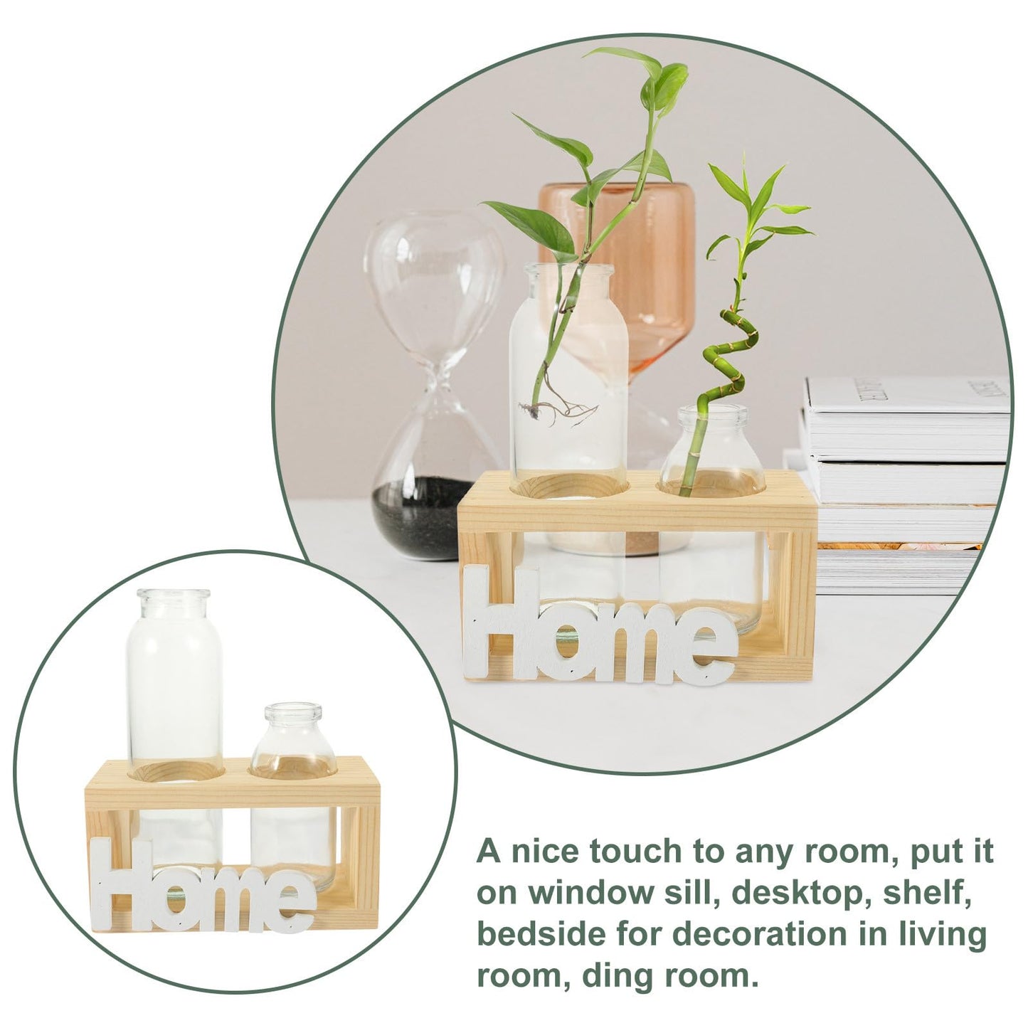GLEAVI Hydroponic Plant Terrarium Glass Vase Set with Wooden Stand, Indoor Desktop Water Planter for Propagation and Home Décor, 2pcs Glass Vases for Plants