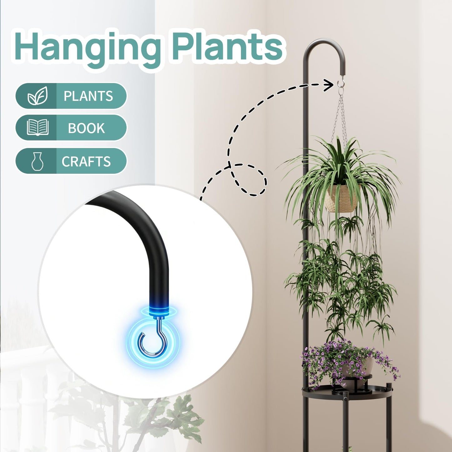 2-Tier Hanging Plant Stand, Black Heavy Duty Metal Planter Rack - Space Saving Indoor/Outdoor Shelves with 41" Hanging Space - Display Multiple Flower Pots, Tall Iron Plant Organizer for Living Room, Patio & Garden