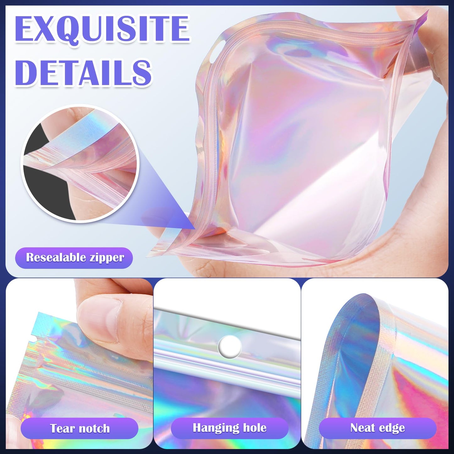 JETMORE 100 Pcs Mylar Bags, Holographic Bags, Resealable Bag for Small Business, Packaging, Sample Bag for Pen, Gift, Jewelry, Snack, Bracelets, Mothers Day Gifts (5.5x7.9in)
