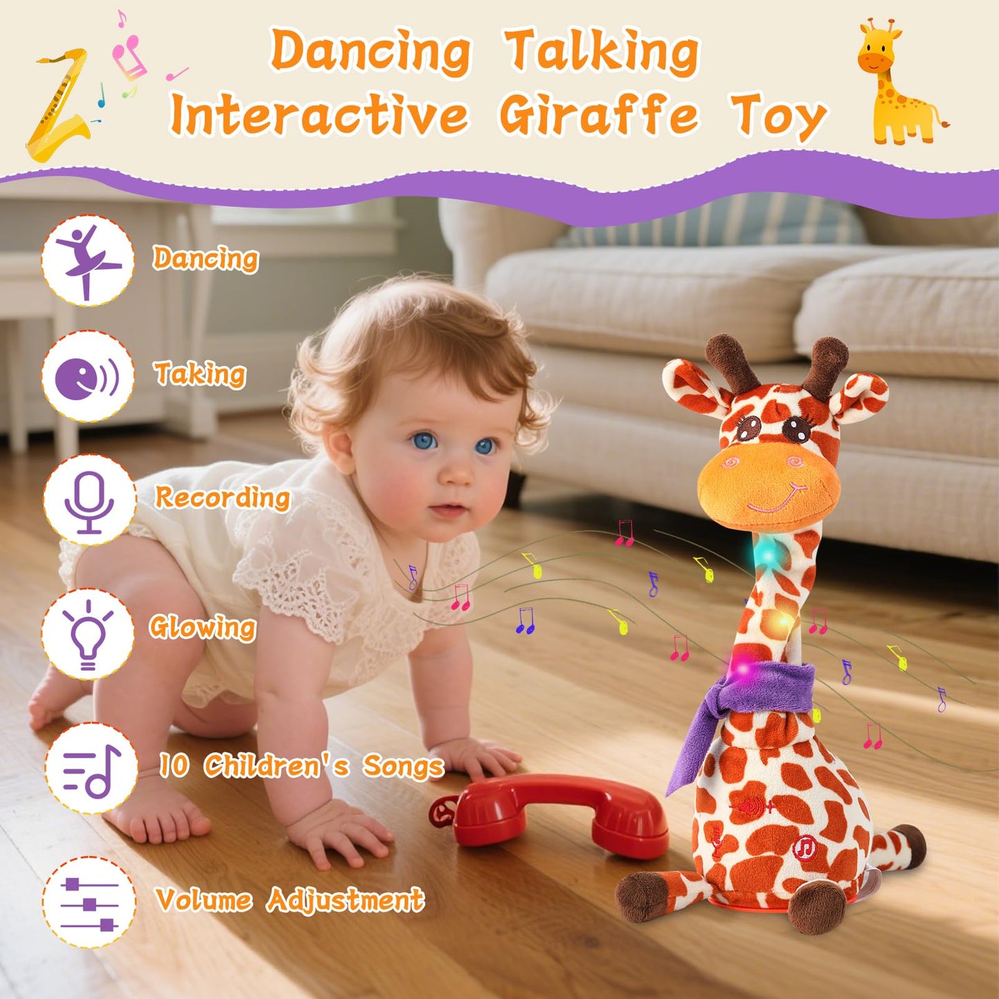 LLUKEME Dancing Talking Giraffe Plush Toy, Interactive Repeating Plush Toy that Mimics Your Words. Glowing Electric Giraffe Gifts with 10 Built-in Kids’ melodies, Ideal for Toddlers Aged 1-3.