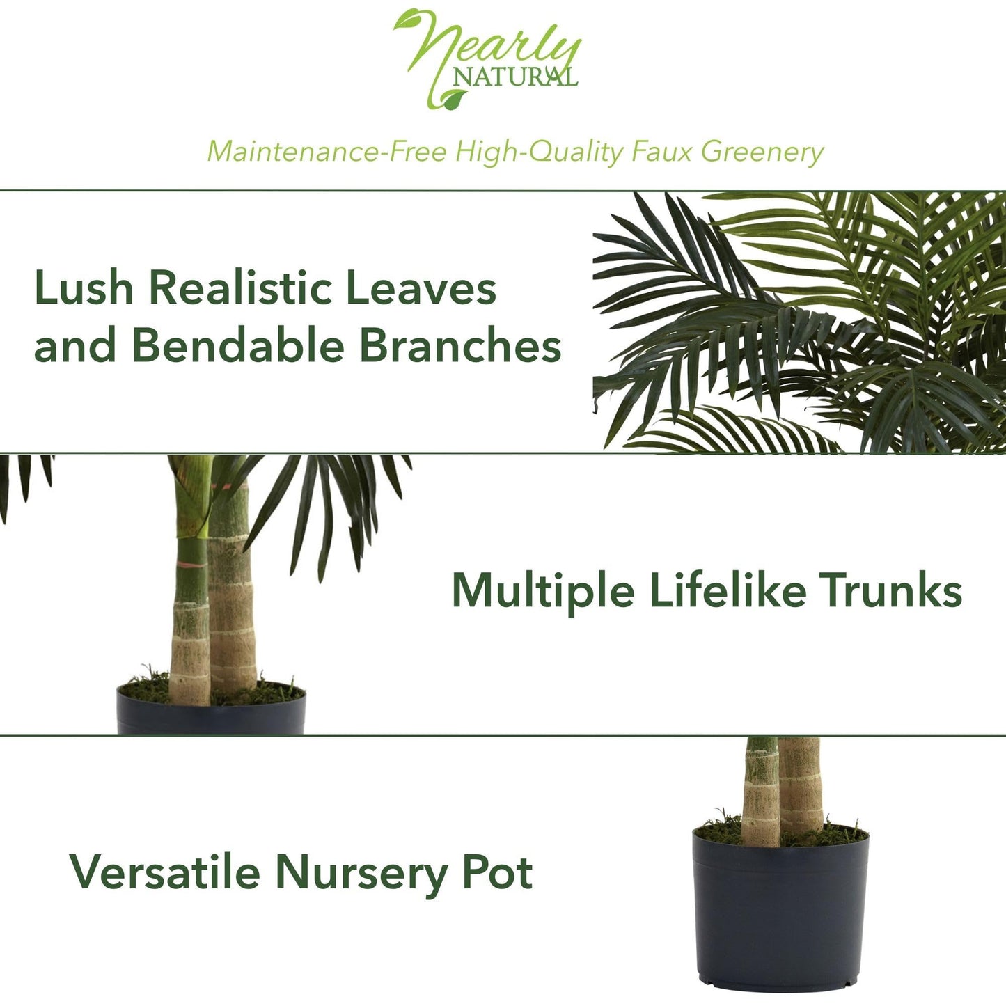 Nearly Natural 4ft Golden Cane Palm, Double Stalk Artificial Tree With Lush Realistic Foliage Maintenance Free Indoor Faux Palm Plant For Living Room, Easy Setup, Perfect Tropical Decoration