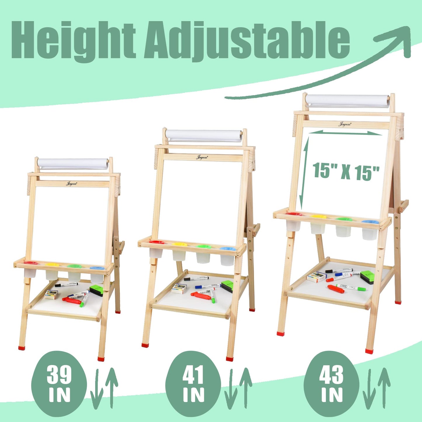 Joyooss Art Easel for Kids with Double-Sided Magnetic, Wooden Standing Kids Easel with Dry Erase Whiteboard & Chalkboard, Height Adjustable Children Easel with Paper Roll, Bonus Toddler Art Supplies