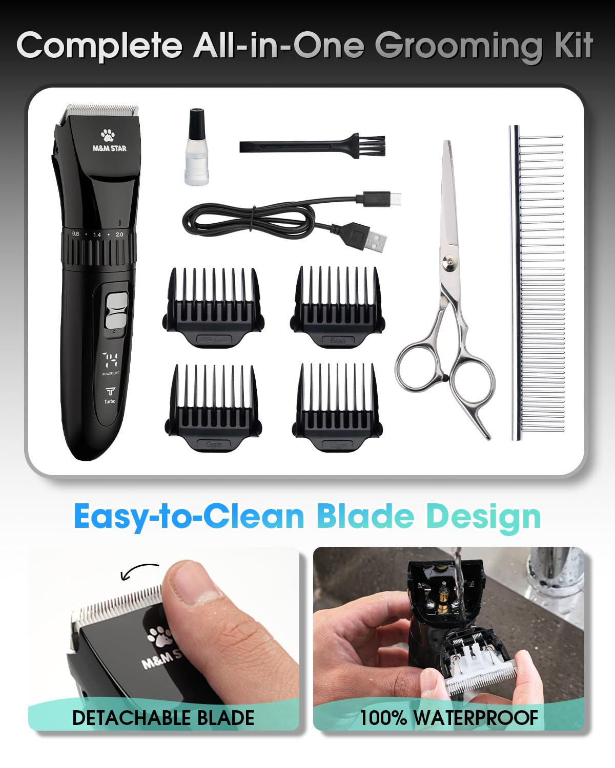 M&M STAR Dog Grooming Kit, Low Noise Dog Clippers, 2-Speed IPX7 Waterproof, Rechargeable Cordless Pet Hair Clippers Trimmer Shaver with LED Display for Small Large Dogs Cats, Black