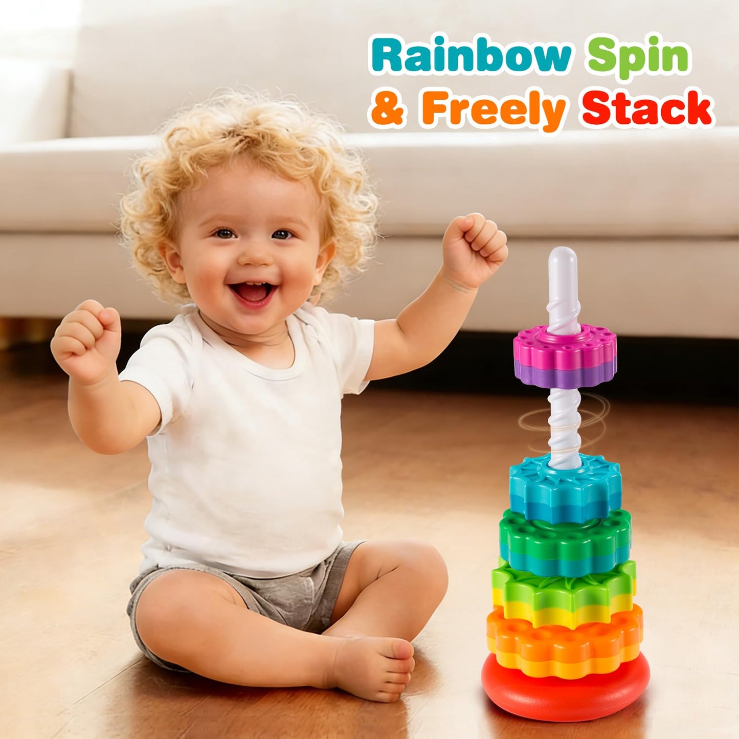 Eivaai Baby Spinning Stacking Toys Sensory Toys for Toddlers 1-3, Rainbow Ring Spin Montessori Toys for Babies 6-12 Months, Autism Learning Toy for 1 2 3 One Year Old Girl Boy Christmas Birthday Gifts