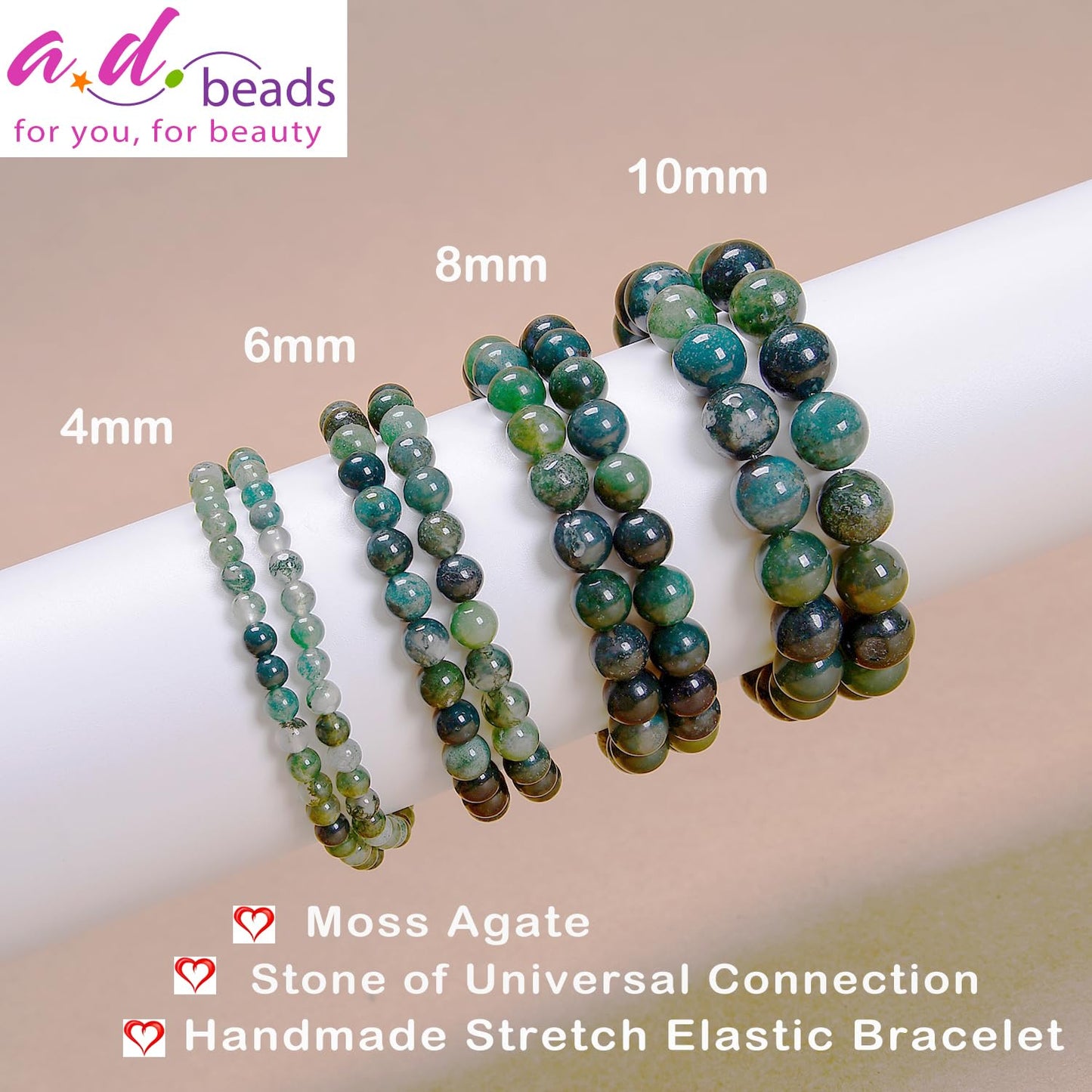 AD Beads Handmade Gemstone Stretch Elastic Bracelet Crystal Healing Reiki Nature's Beauty and Spiritual Essence Unisex (6mm, Moss Agate (Universal Connection))