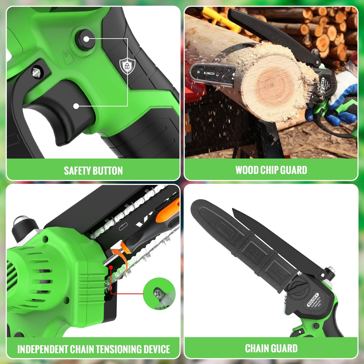 SOUSKY 8 Inch Brushless Mini Chainsaw Cordless, High-Power Battery Chainsaw with 2×4000mAh Batteries, Electric Handheld Power Chain Saw for Tree Trimming Wood Cutting