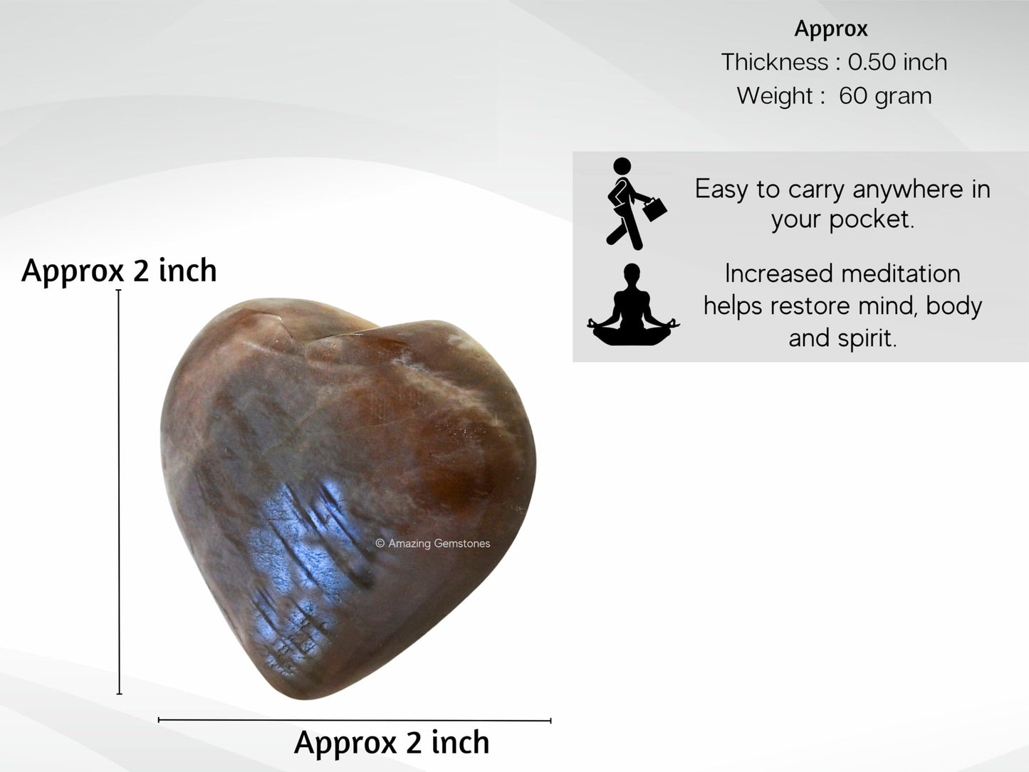 Amazing Gemstone Sun Moonstone Crystal Heart Palm Stone - Pocket Massage Worry Stone for Natural Body Chakra Balancing, Reiki Healing and Crystal Grid
