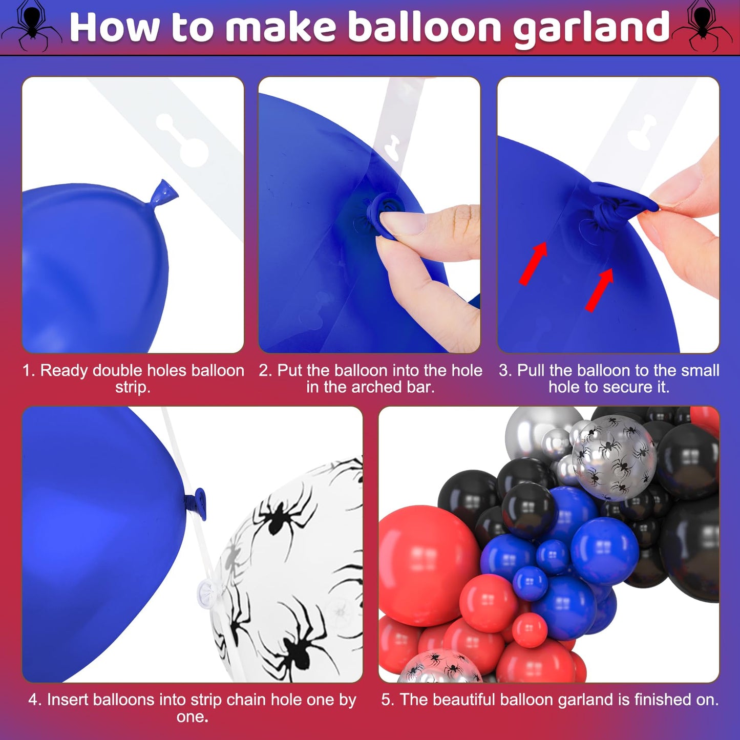Amandir 153pcs Black Red Blue Balloon Arch Garland Kit, Different Sizes 18 12 10 5 inch Red Blue Sliver Spider Balloons for Boys Spider Theme Birthday Party Decorations