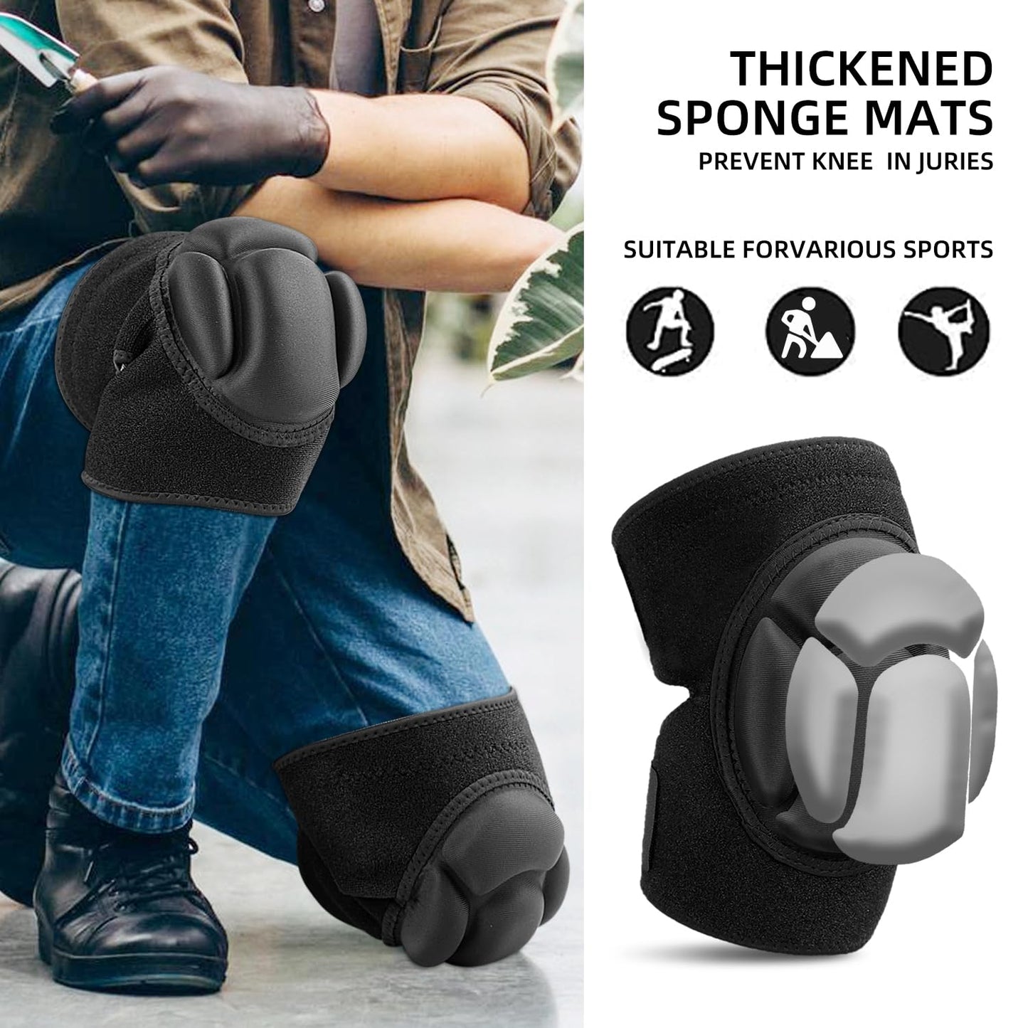 Sefexn Anti-collision Knee Pads, Adjustable Knee Support Patellar Fixation Protection with Thick EVA Foam Lining for Outdoor Sports and Gardening Working, 1 Pair Black One Size