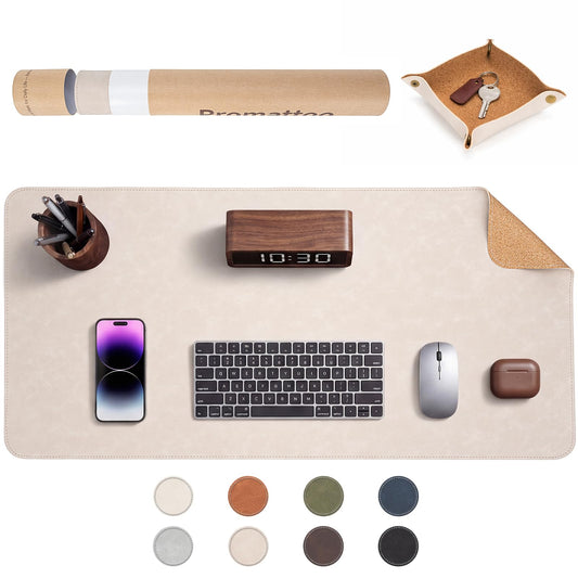 Premium Faux Leather Desk Mat & Tray Set，Innovative Cork-Look Printed Base，Gift Tube Packaging，Full-Desk Coverage，Non-Slip Desk Pad for Office Home（Warm Beige）
