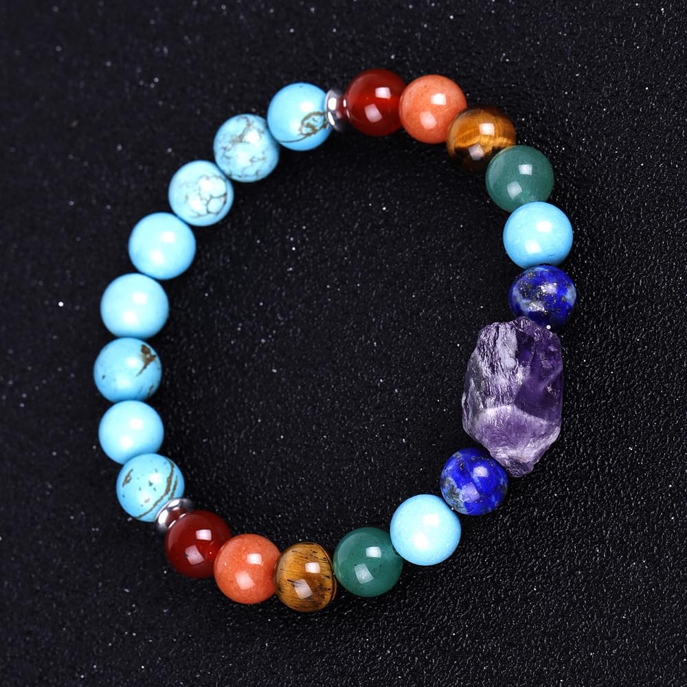 HZHRony 8mm Natural Crystal Bead Bracelet 7 Chakra Bracelet with Real Stones Anxiety Beaded Bracelets Amethyst Jewelry Gifts 7 Inches