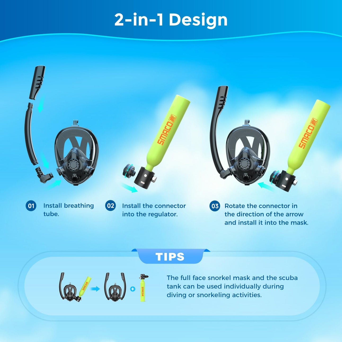 SMACO Mini Scuba Tank with Snorkel Mask 0.5L Portable Small Diving Tank with Full Face Diving Mask Lung Air Tank Sub Mask Reusable DOT Certified Pony Bottle for Snorkeling