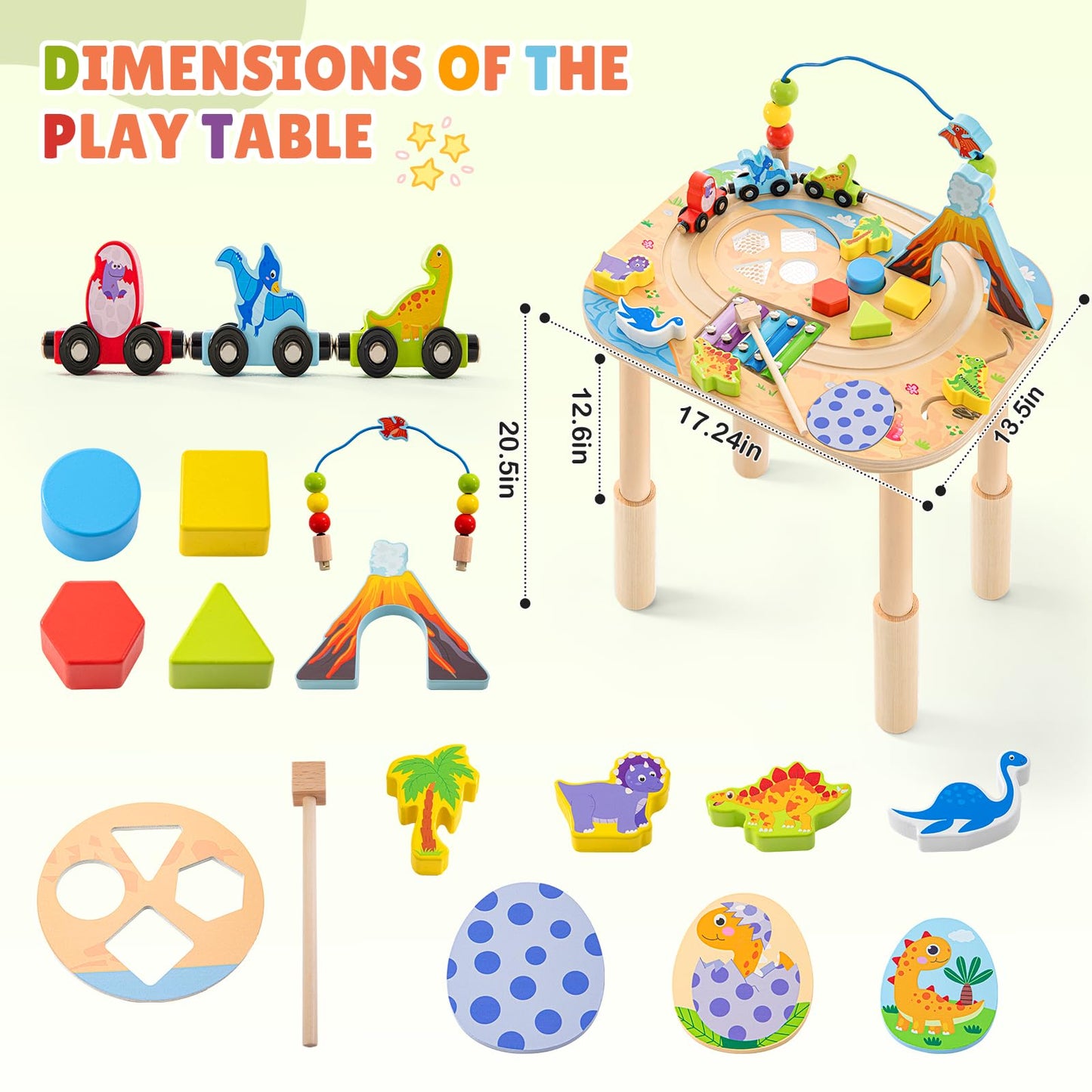 Activity Table for 1 Year Old with Two Height Levels,Wooden Sensory Play Table for Toddlers 1-3,8 in 1 Montessori Learning Toy with Bead Maze, Shape Sorter,Train,Gift for Baby Boys Girls (Dinosaur)