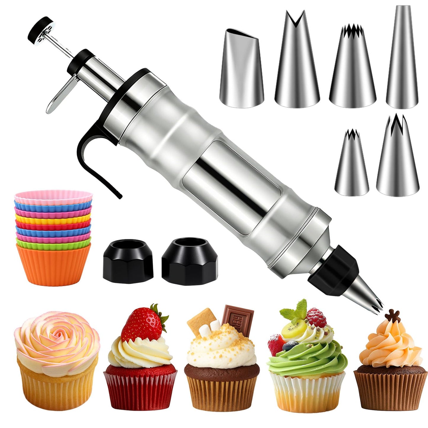 FANTEXY Dessert Decorating Syringe Set, Stainless Steel Icing Piping Kit Cake Decorating Tools with 6 Piping Icing Nozzles Cupcake Decorating Kit
