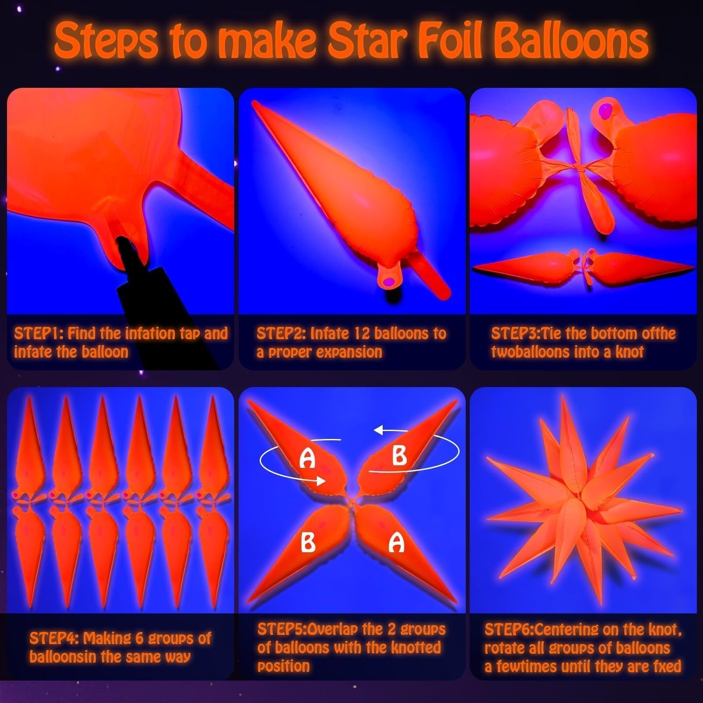 Mega-L Glow in The Dark Party Supplies, 5 Pcs Neon Explosion Star Balloons Kit, Neon Party Decorations, DIY Neon Balloon with 12 point Cone Balloons for Birthday Wedding Graduation